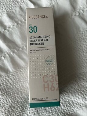 Biossance White Box SPF 30 Sheer Mineral Sunscreen with Teal Accents- New in Box